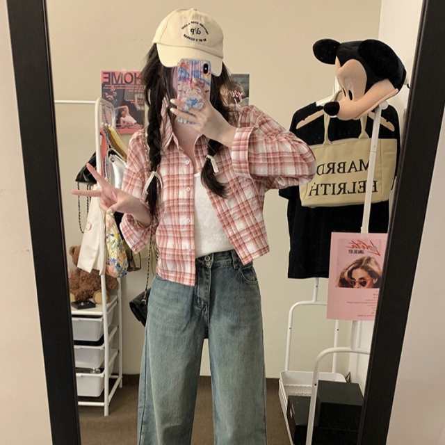 トップス シャツ ブラウス ショート 長袖 襟付き ボタンダウン ハイウエスト 前開き ボタン アメカジ かわいい 大人可愛い シンプル カジュアル おしゃれ かっこいい こなれ感 ラフ マニッシュ 
